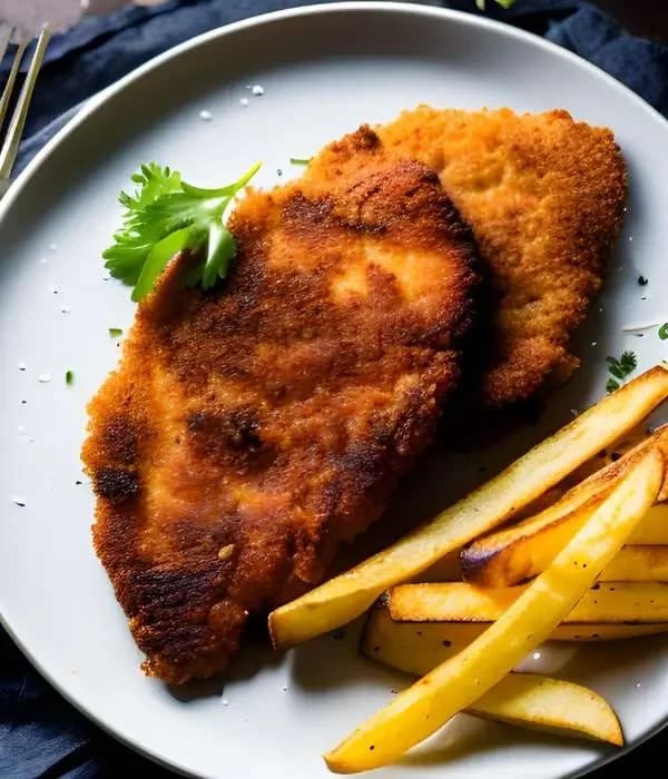 Frisch gebratenes Schnitzel mit Pommes